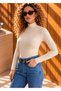 Women's Beige Turtleneck Long Sleeve Premium Fabric Viscose Combed Cotton Lycra Bodysuit - 4