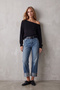 Women's Black Boat Neck Blouse with Cuffs Alc-X14393 - 4
