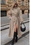 Lorven Women's Stone Oversize High Collar Belted Long Trench Coat