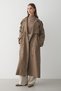 Women's Khaki Double-Breasted Collar Belted Long Trench Coat - 2