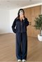 Women's Navy Blue Leather Collar Modal Jacket & Pants Set - 4