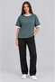 Women's Petrol White Piping Garnished Medium Thick Soft Fabric Crew Neck Half Oversize Casual T-Shirt
