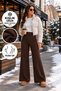 Women's Brown Winter Fleece Lined Ribbed Front Wide Fit Loose Leg Modal Fabric High Waist Gathering Pants Leggings - 4