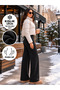 Women's Black Winter Fleece Lined Ribbed Front Wide Fit Loose Leg Modal Fabric High Waist Gathering Pants Leggings - 6