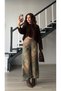 Khaki-mink camouflage pattern waist and leg tied pants