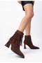 Women's Thick Heeled Pointed Toe Tasseled Design Studded Detailed Brown Suede Western Boots - 2