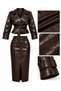 Shiny Crocodile Belted Jacket and Slit Skirt Premium Brown Leather Set - 3