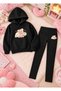 Girl's Hooded Sweatshirt, Straight-Leg Leggings Set, Printed 3-Yarn Rastered Winter Comfortable Fit Set