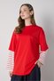 Women's Red Crew Neck Double Layer Sleeves Striped Oversize T-Shirt 32100