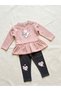 Girl's Pink Rabbit Printed Ruffled Sweatshirt and Black Leggings Set 2 Threaded Yarns