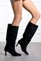 Women's Suede Boots with Gathered Bellows, Thin Heels, Pointed Toe, Below the Knee, Stylish Boots