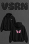 Pink Butterfly_1 Design Back Print Oversize Black Hooded Sweatshirt
