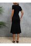 Women's Short Sleeve Square Collar Rope Detailed Janjan Crepe Dress - 5
