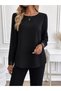 Women's Long Sleeve Crew Neck Imported Crepe Blouse with Leather Detail on the Sleeves - 2