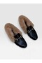 Black Leather (Speely) Gold Buckle Detailed Fur Ballerinas - 5
