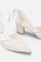 Pearl Lace Women's Lace and Pearl Detailed Pointed Toe Thick Heeled Ribbon Tied Wedding Wedding Bridal Shoes 6 cm - 5