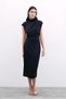 Button Detailed Draped Black Midi Dress - 5