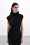 Button Detailed Draped Black Midi Dress - 4