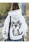 Mooda Women's Oversize 3 Thread Cat Printed Hooded Sweatshirt with Sleeve Detail