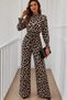 Women's long sleeve turtleneck leopard print tie waist long patterned jumpsuit - 2