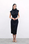 Button Detailed Draped Black Midi Dress