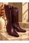 Women's Burgundy Matte Leather Western Riding Heeled Cowboy Boots - 3