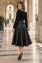 Modern Elegance! Women's Black Square Neck Long Sleeve Leather Detailed Midi Flared Dress - 5