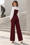 Perfect Match! Women's Burgundy and White Buttoned Belted Blouse and Wide-Legged Trousers Two-Piece Set - 5