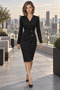 Elegant Elegance! Women's Double Breasted Collar Button Detailed Long Sleeve Midi Length Pencil Dress - 3