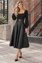 Modern Elegance! Women's Black Square Neck Long Sleeve Leather Detailed Midi Flared Dress - 4
