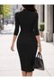 Women's three-quarter sleeve, semi-turtleneck, shawl collar, slit midi dress in imported crepe. - 3