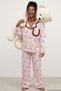 Pink Teddy Bear Patterned Pocketed Ruffled Soft Tuşe Winter Buttoned Knitted Pajama Set 8081 - 3