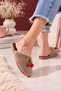 Cerise Cherry Detailed Closed Front Plush Women's House Slippers Soft Sole Gift Dowry House Slippers Stc1379 - 4