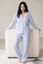 Blue Plaid Patterned Pocketed Ruffled Soft Tuşe Winter Buttoned Knitted Pajama Set 8081 - 4