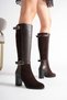 Women's Genuine Leather and Suede Detailed Double Belt Buckle Heeled Boots - Brown