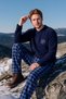 Men's Navy Blue t Sport Embroidery Plaid and Square Patterned Long Sleeve Fleece Fabric Winter Warm Pajama Set - 2