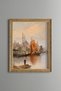 Red Sailboat on the Coast and City Silhouette - Vintage Patterned Painting - Fine Model