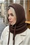Women's Brown Knitted Balaclava Snow Mask Lace-Up Thick Ribbed Knitwear Hooded Beanie Neck Collar - 2