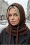 Women's Brown Knitted Balaclava Snow Mask Lace-Up Thick Ribbed Knitwear Hooded Beanie Neck Collar