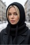 Women's Black Knitted Balaclava Snow Mask Lace-Up Thick Ribbed Knitwear Hooded Beanie Neck Collar