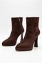 Women's Platform Heeled Pointed Toe Front Stitched Zippered Bitter Brown Suede Boots (12 cm Heel) - 7