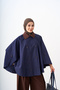 Women's Shirt Collar Double Pocket Poncho Navy Blue