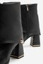 Women's Black Leather Pointed Toe Boots with Folded Detail and Metal Accessories, Thick Heeled Boots - 4