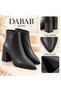 Yona Women's Black Leather Pointed Toe Front Stitching Detailed Zippered Warm Lining Inside 7 cm Thick Heeled Boots - 3