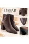 Yona Women's Bitter Brown Leather Pointed Toe Front Stitching Detailed Zippered Warm Lining 7 cm Thick Heels - 3
