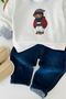 Teddy Bear Poncho Embroidered Coat Baby Boy 4-Piece Denim Set - Beige - 8