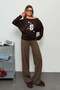Women's Boat Neck Someone Printed Modal Sweatshirt Brown - 12555 - 3