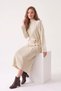 Women's Cream Belted Waist Ribbed Midi Length Knitwear Dress