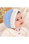 Blue Pompom Textured Scallop Lace Baby Hat with Tie