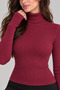 Women's Turtleneck High Neck Ultra Soft Ribbed Flexible Slim Fit Basic Burgundy Sweater Blouse Body - 3